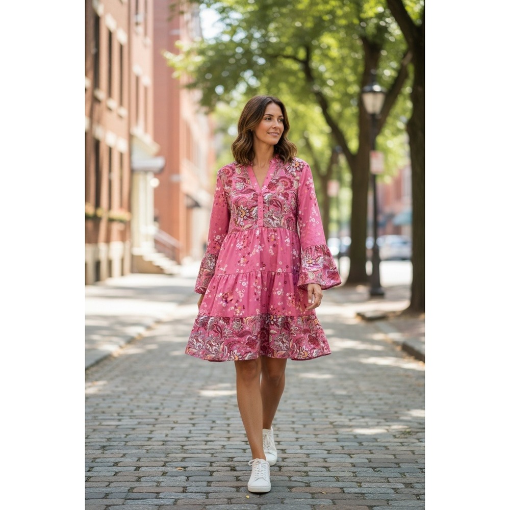 Noracora Unlined Mini Dress S Pink Floral Paisley Tiered Bell Sleeve Boho NWT